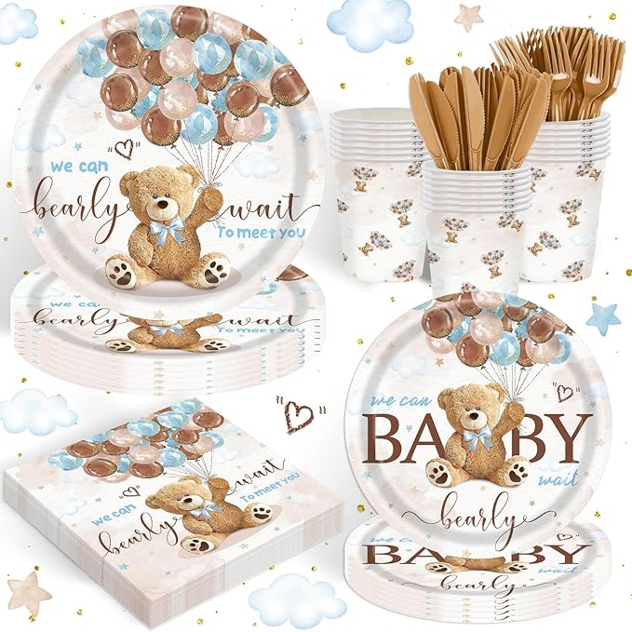 120pc "We Can Bearly Wait" Baby Shower Party Supplies - Blue Teddy Bear Tableware Set for 20 Guests - Includes Dinner & Dessert Plates, Cups, Napkins & Forks - Whimsical Bear Decorations for Boys
